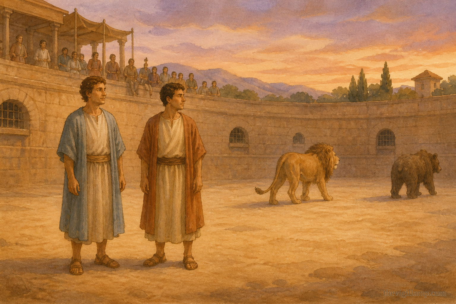 Trophimus and Dorymedon thrown to the wild beasts and unharmed; they are killed by the sword. No extra speech invented
