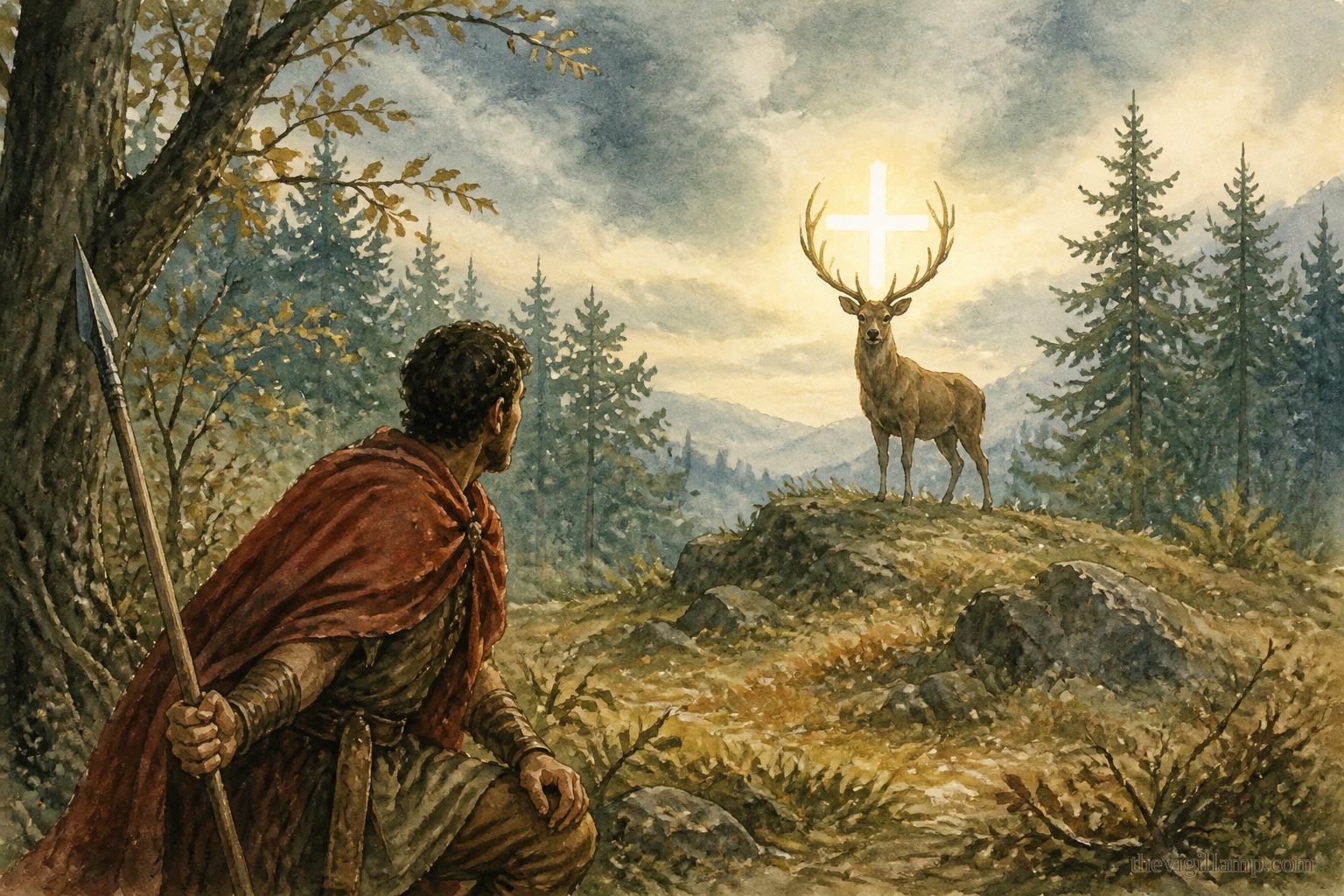 Plakidas at the hunt; a radiant Cross stands between the stag's antlers, and the Lord calls him by name. No extra speech invented