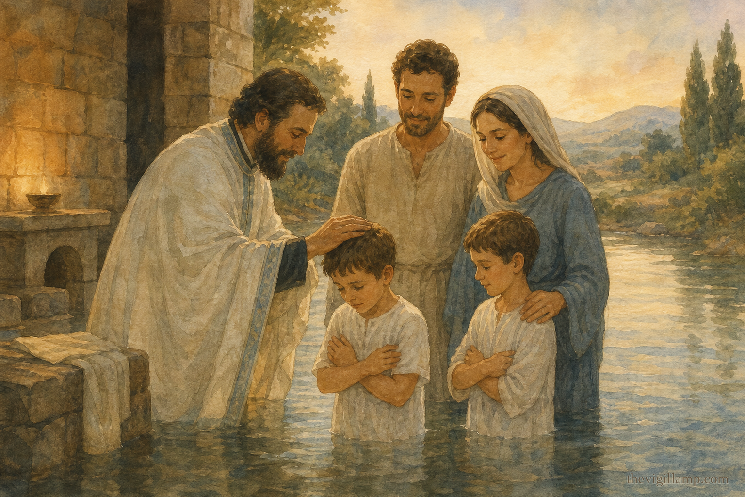 The household baptized: Eustáthios, Theopistē, Agapios, and Theopistos receive the Holy Mysteries. No extra speech invented