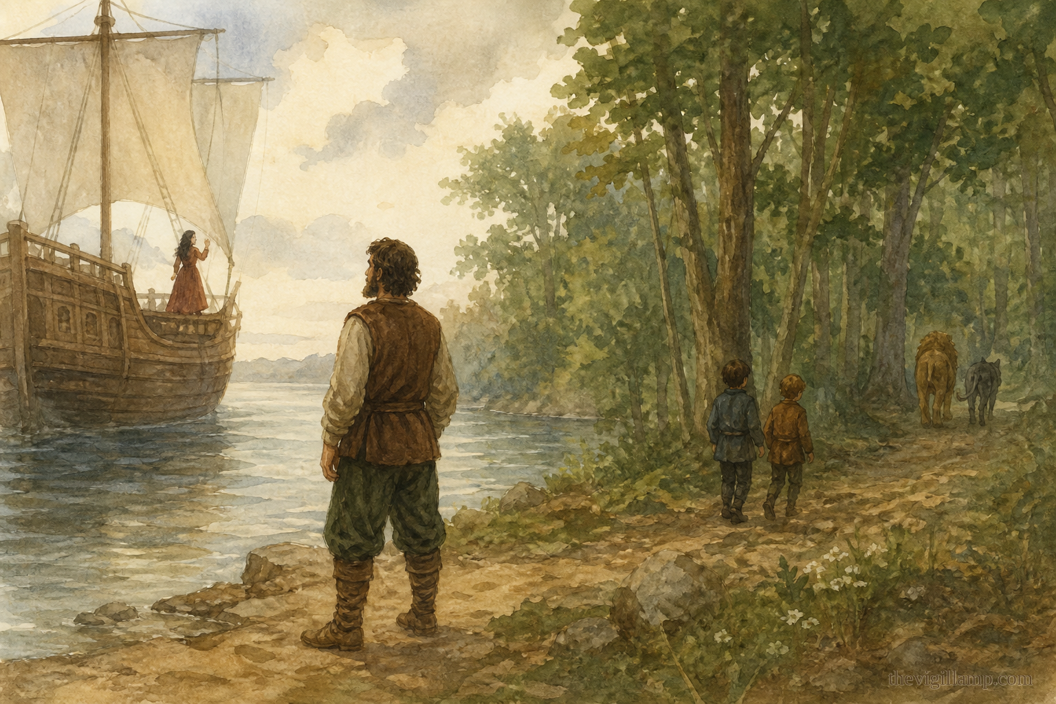 The household is parted: the shipmaster keeps Theopistē; a lion and a wolf carry off the two sons; Eustáthios does not despair. No extra speech invented