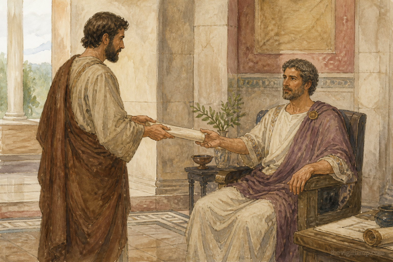 Quadratus writing the Apology and presenting it to the emperor Hadrian. Only the surviving fragment is used. No extra speech invented