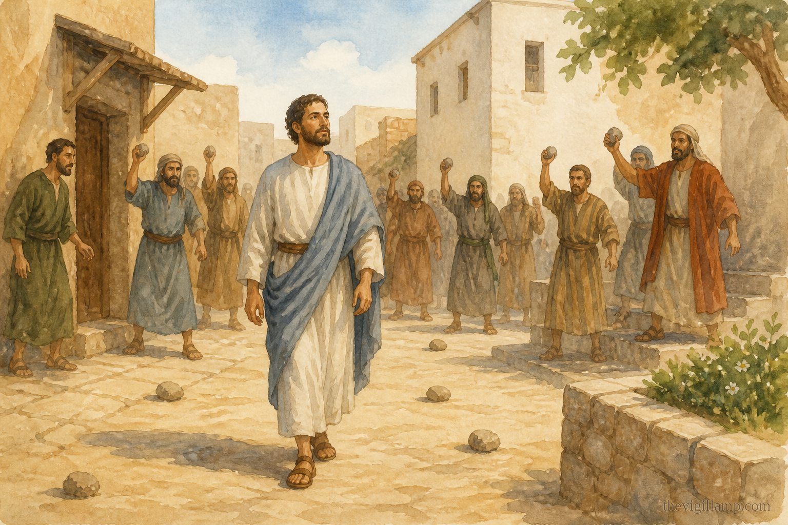 An angry mob falling upon Quadratus with stones; God preserving him. No extra speech invented