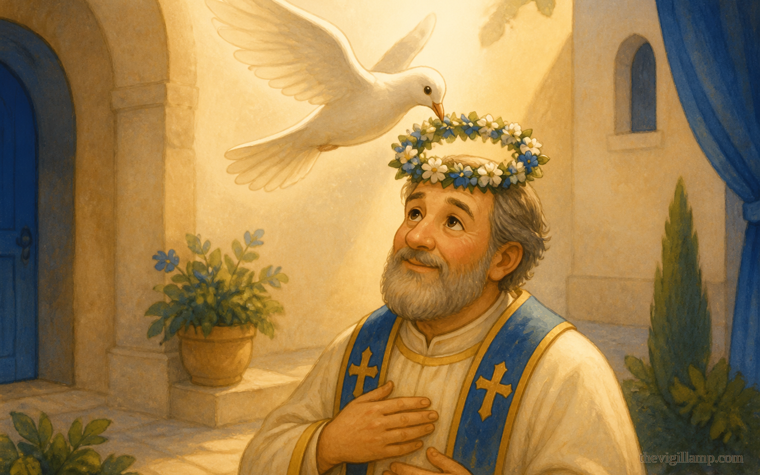 A white dove from heaven laying a wreath of flowers on Phocas's head. The Church's vision words only. No extra speech invented