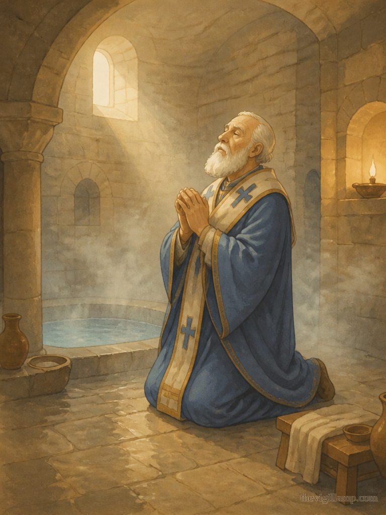 The hot bath-house; praying, Phocas gives his soul to God. No gore. No extra speech invented