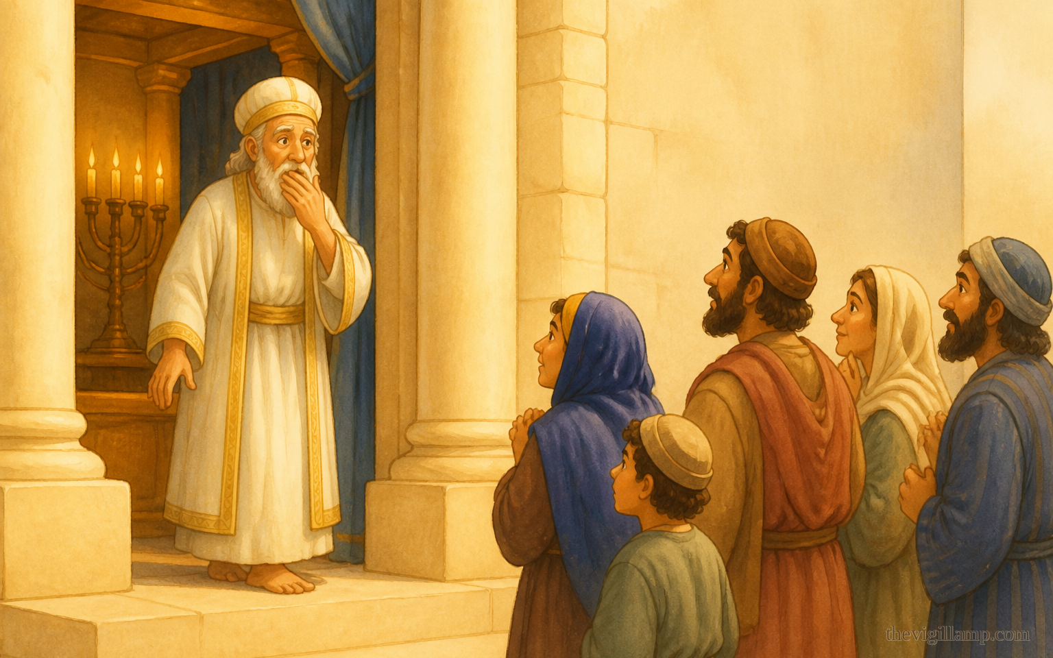 Zachariah coming out of the Sanctuary speechless; the people waiting. No extra speech invented