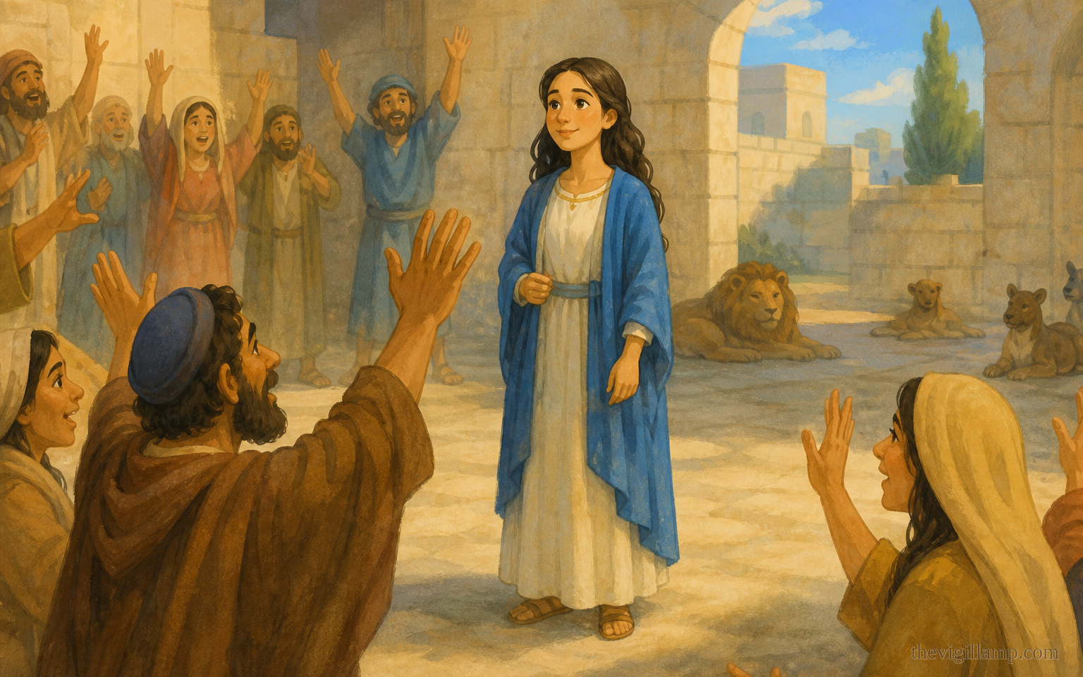 The people shouting, "Great is the God of the Christians!" Thekla unharmed. Attested shout only. No graphic beasts