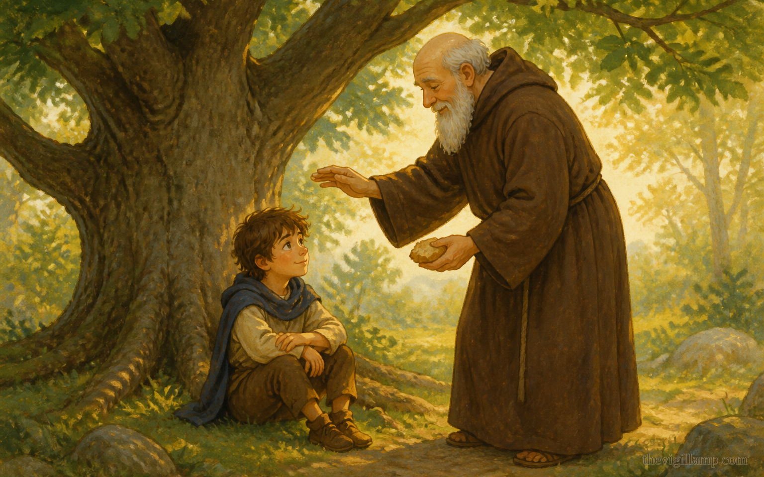 Bartholomew waiting under the oak until the Elder finishes praying; then the blessing, and the piece of prosphora. Attested words only