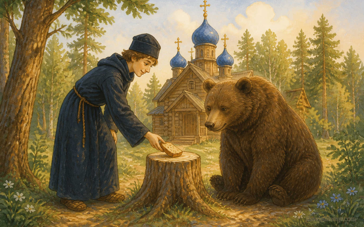 The small Trinity church in the forest; Sergius laying a piece of bread on a stump for a hungry bear. No extra speech invented. No game