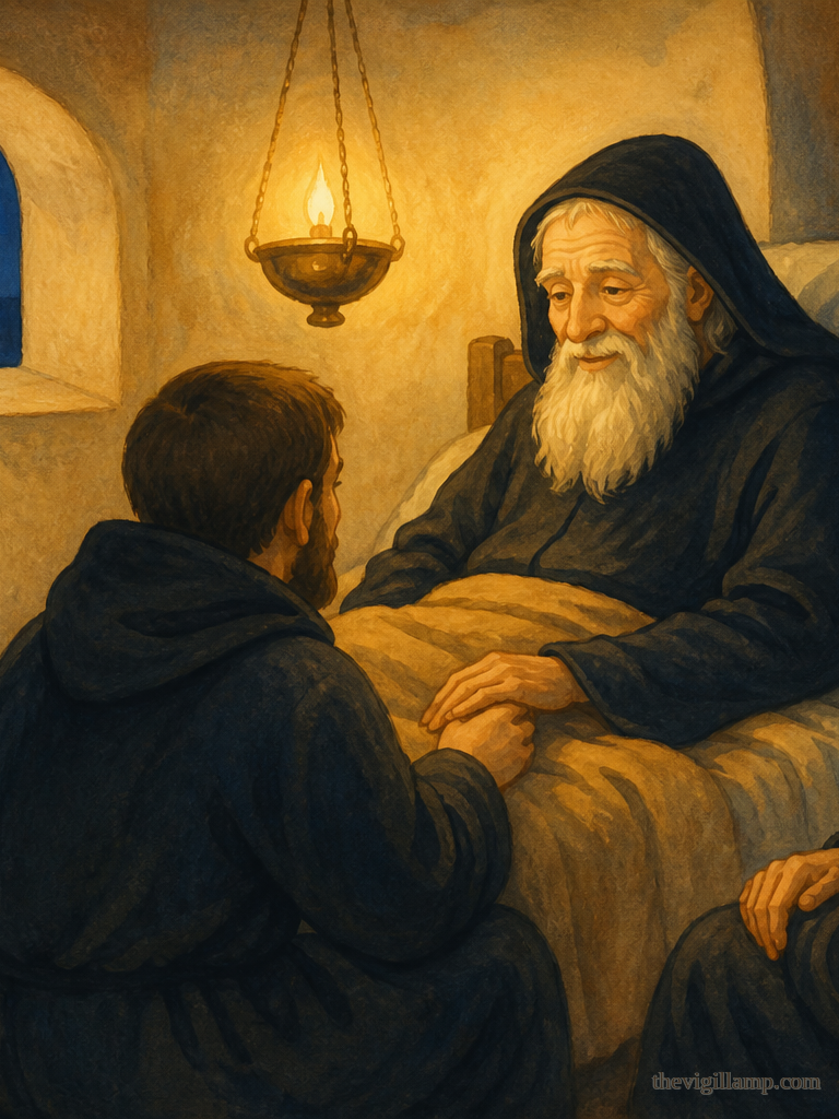 Old Abbot Sergius with the brethren on the last night; the words he actually said. No extra speech invented. No later scenes