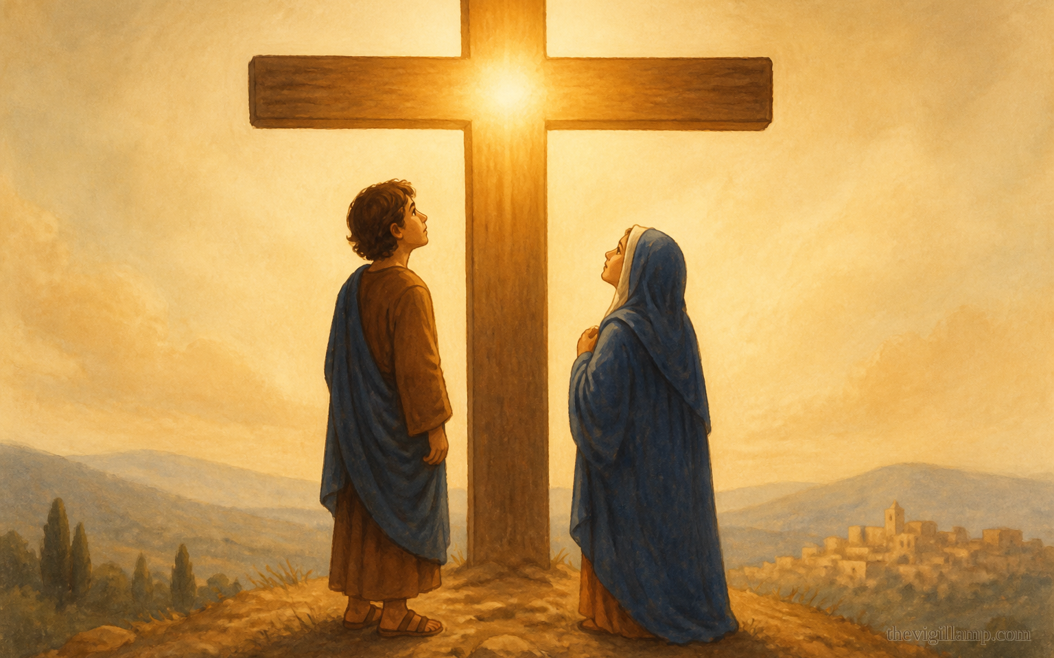 John stands at the Cross with the Mother of God; the Lord says, "Woman, behold thy son." "Behold thy mother." No gore. Attested words only