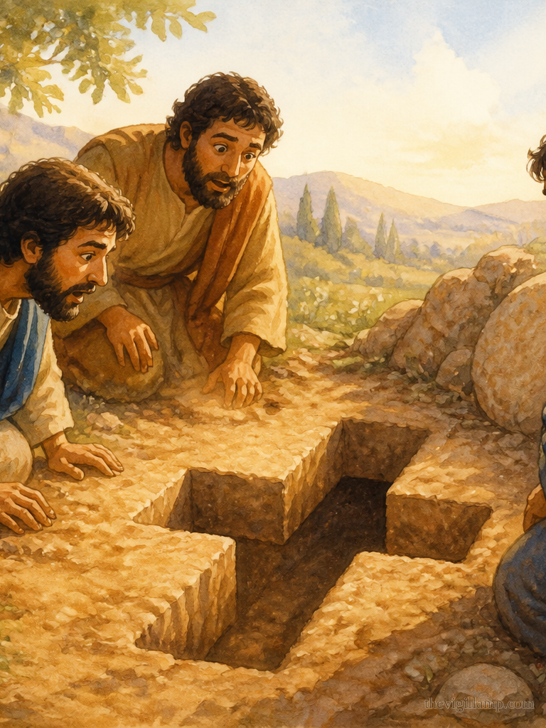 Beyond Ephesus, the disciples prepare a cross-shaped grave; they cover him, and later find the grave empty. No extra speech invented