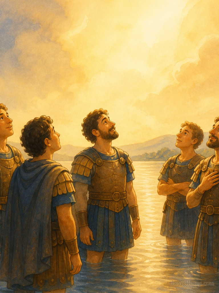 The company stands in the lake with bright faces; a voice is heard; one hundred thirty-five believe; they give their lives; a church is built. No extra speech invented