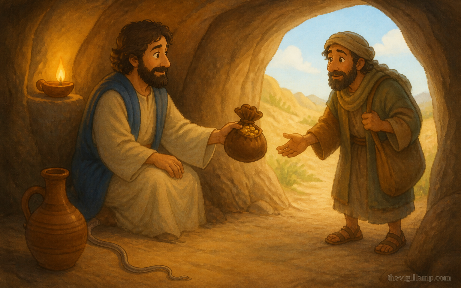 Robbers bind Chariton in a cave; a snake poisons the wine; the Lord keeps him; he gives the stolen gold away. No extra speech invented