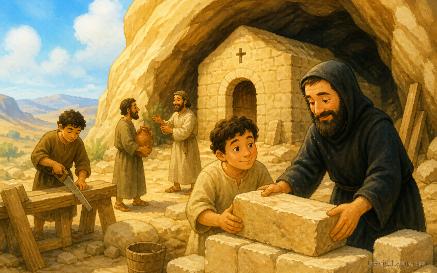 Chariton builds a church in the robbers' cave and founds Pharan Lavra; disciples come; he writes a Rule and will not keep the praise. No extra speech invented