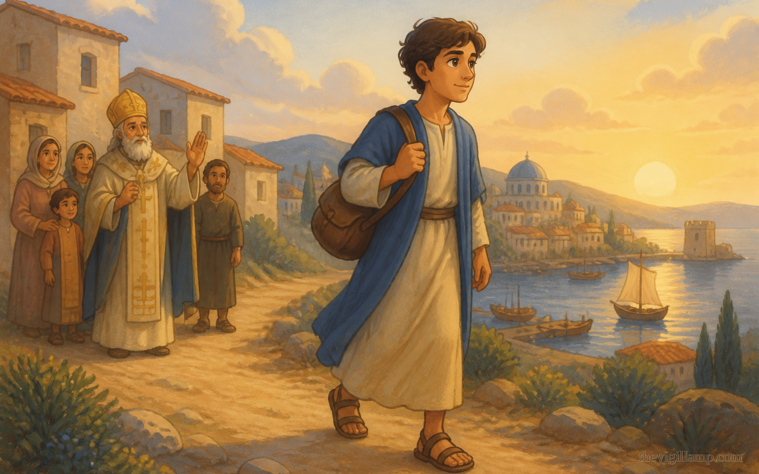 Kyriakos of Corinth, son of the priest John and Eudokia; Bishop Peter makes him a Reader; he hears Follow Me and goes to Jerusalem without stopping at home. No extra speech invented
