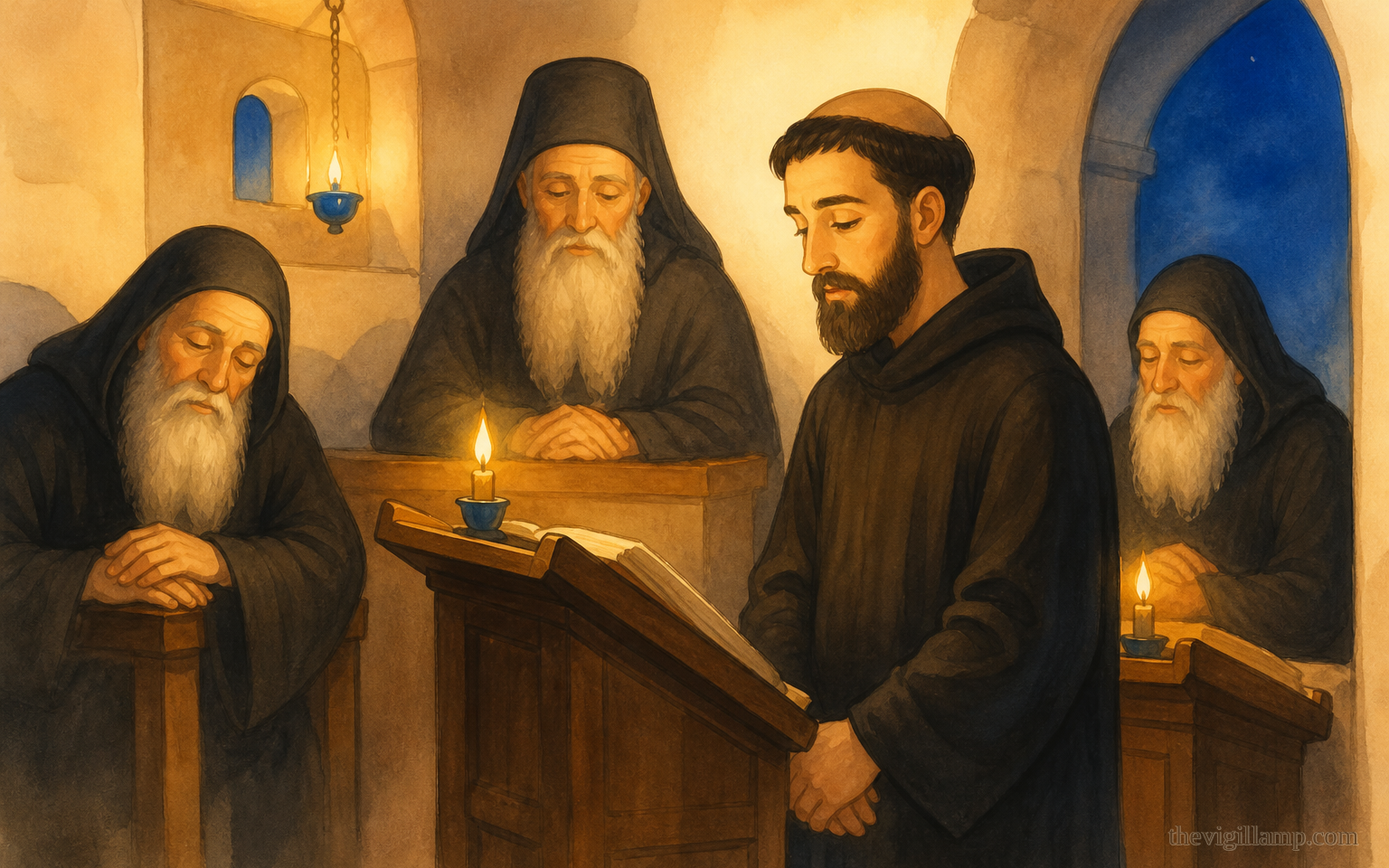 Tonsured by Euthymios and trained by Gerasimos; ten years of silence; priest and canonarch at Souka, the monastery of Saint Chariton. No extra speech invented