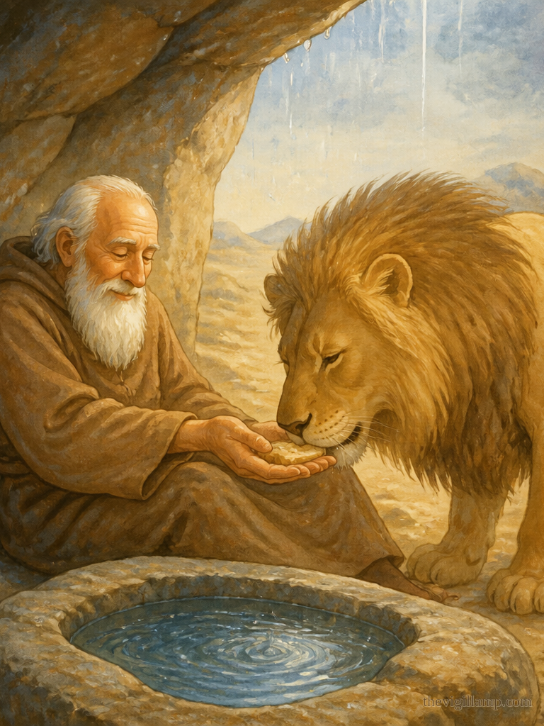 A lion keeps the robbers away and eats from his hand; rain fills the hollow of the rock; he blesses the brethren and falls asleep at 109 years. No extra speech invented