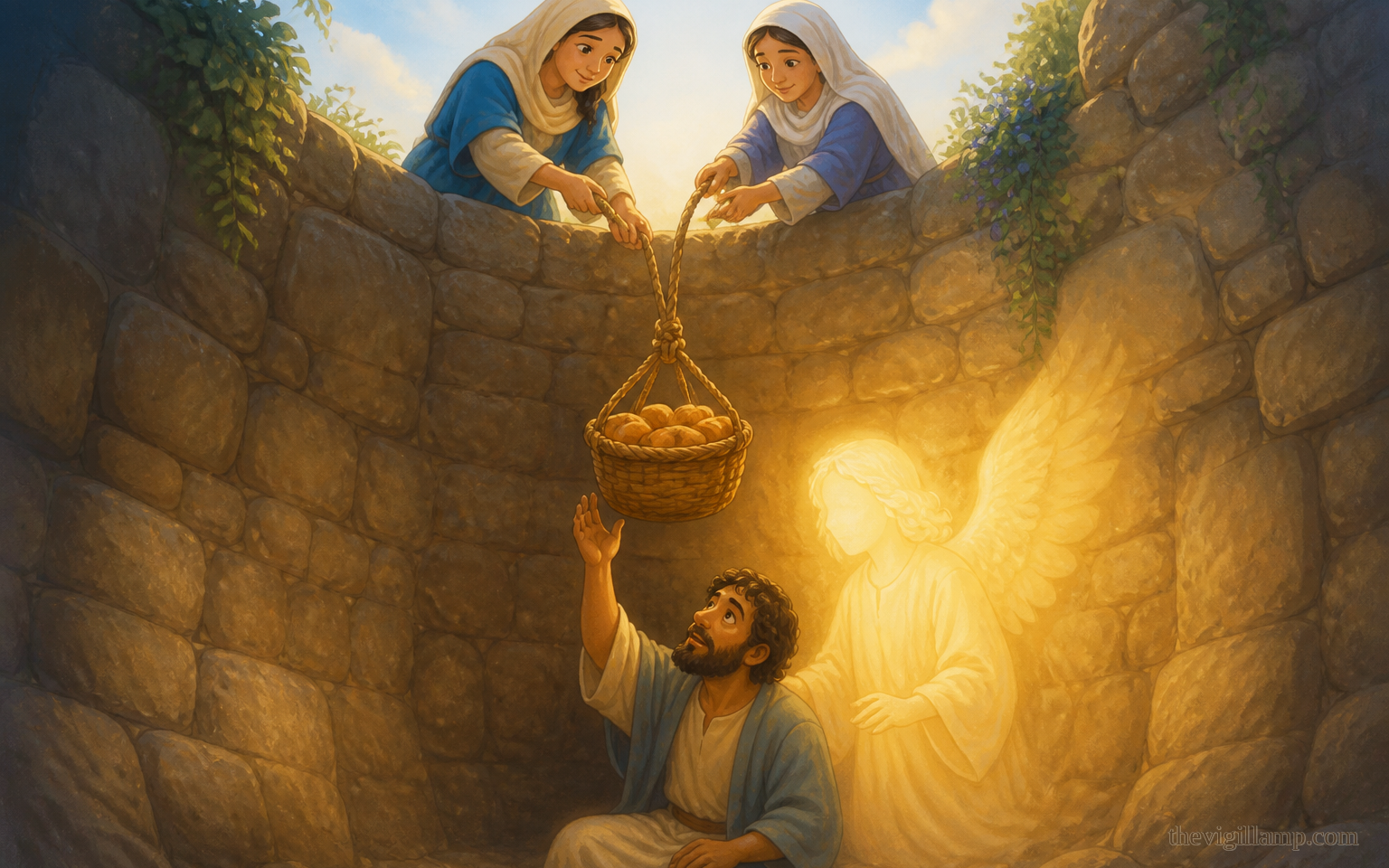 He will not sacrifice; he sings the Psalms; the Lord heals him; fourteen years in the pit; pious women lower bread; a holy angel keeps him. No extra speech invented