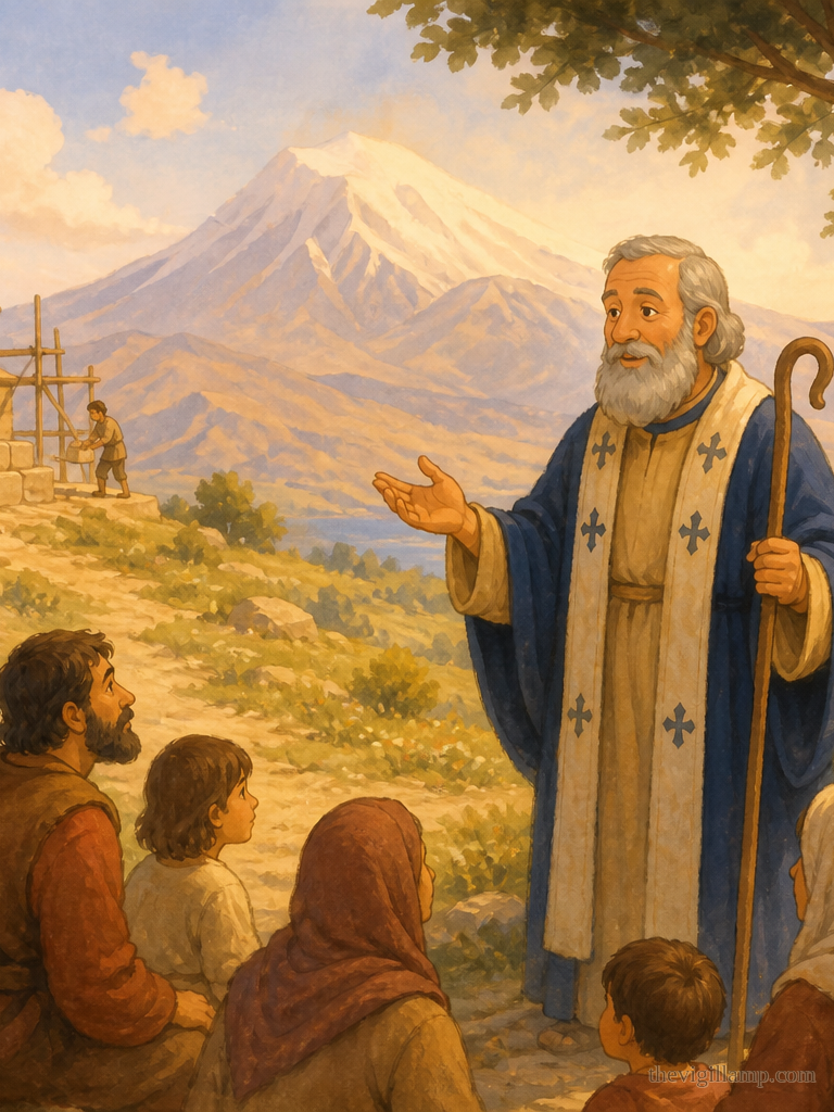 He buries the holy women and preaches; Tiridates repents and his face is restored; all Armenia turns to Christ; Gregory goes into the wilderness. No extra speech invented