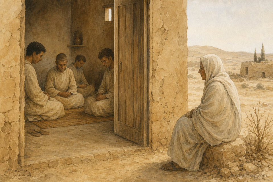 Pimen and his brothers inside their simple desert cells while their mother waits outside the closed doorway; the scene quiet and compassionate, with no invented speech shown