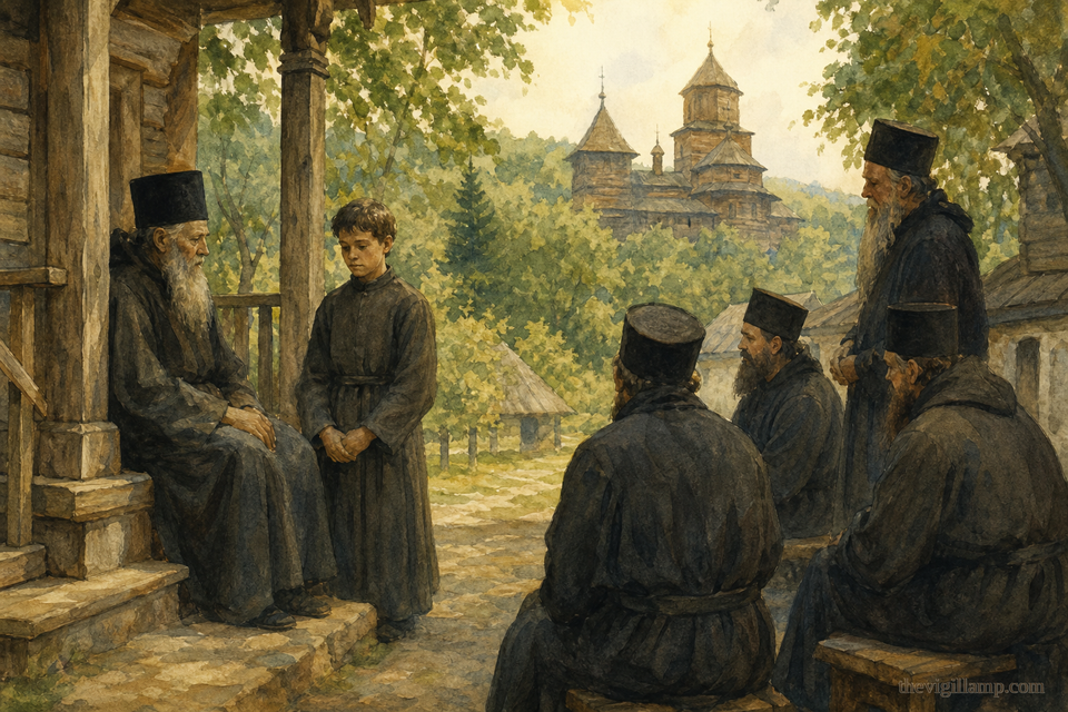 Young Ivan Zhelezo at the Transfiguration monastery, a boy among the brethren, beginning the monastic life; no invented speech in the scene