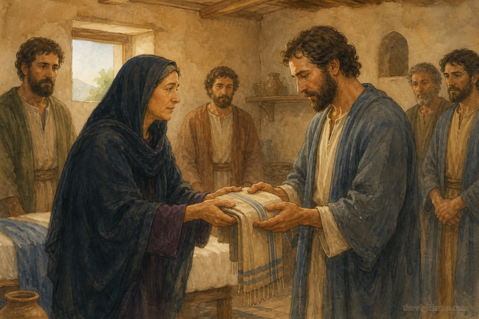 After the Dormition: the Most Holy Theotokos entrusts her sash to the Apostle Thomas; no invented speech in the scene