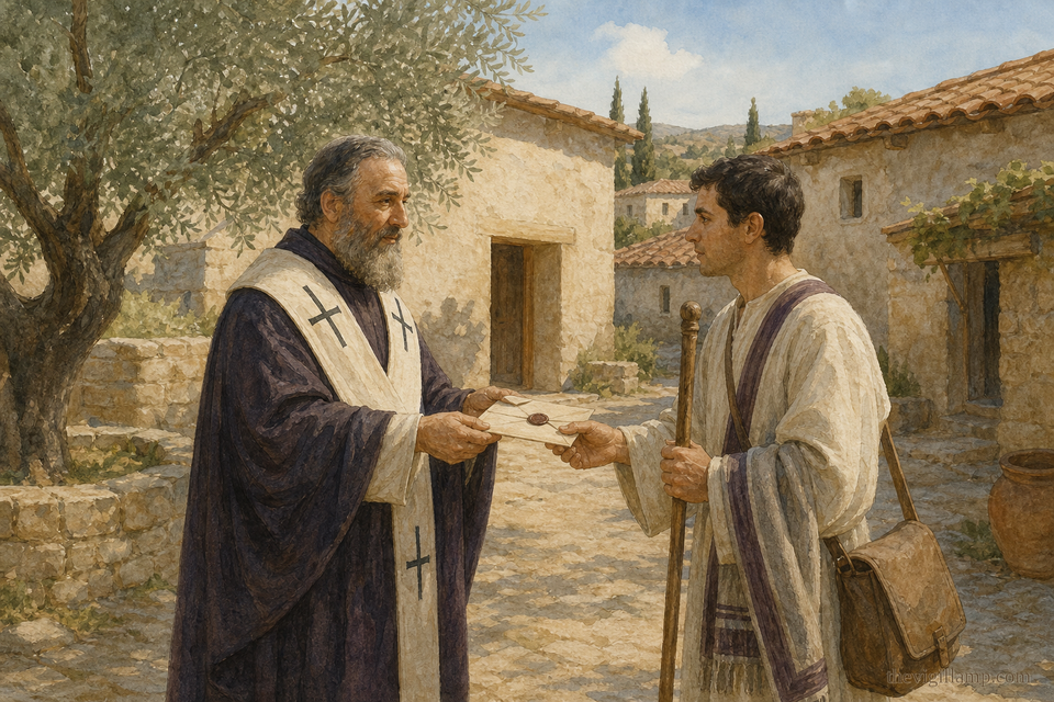 Anthimus in a village near Nicomedia, sending letters to his flock; Deacon Theophilus setting out with one of them. No extra speech in the scene