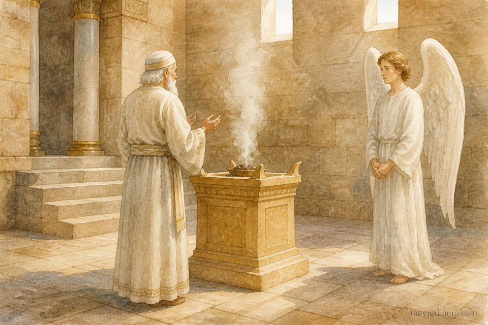 The angel standing at the right side of the altar of incense; Zachariah before him. No extra speech in the scene