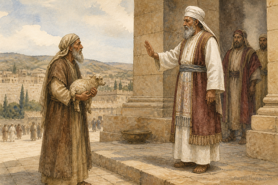 Joachim bringing his offering to the Temple; the High Priest will not receive it. No extra speech in the scene