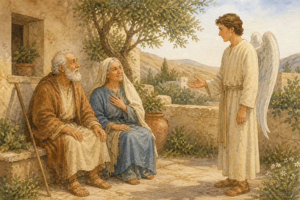 The Archangel Gabriel bringing Joachim and Anna the joyous message that their prayers are heard, and that a daughter will be born. No extra speech invented