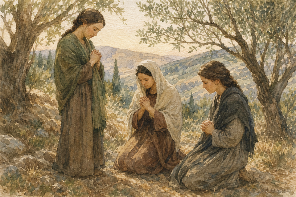 Three sisters in the Bithynia wilderness, remaining together at prayer. No extra speech invented