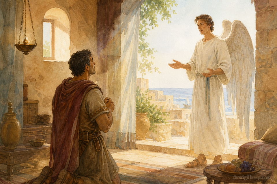 Cornelius at prayer in his house at Caesarea; the angel speaking the words Scripture records. No extra speech invented