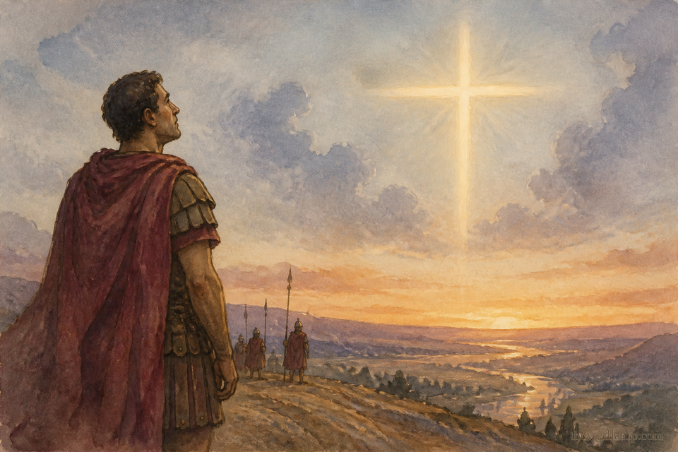 Constantine sees the Sign of the Cross in the heavens, and the words written beneath it. No extra speech invented