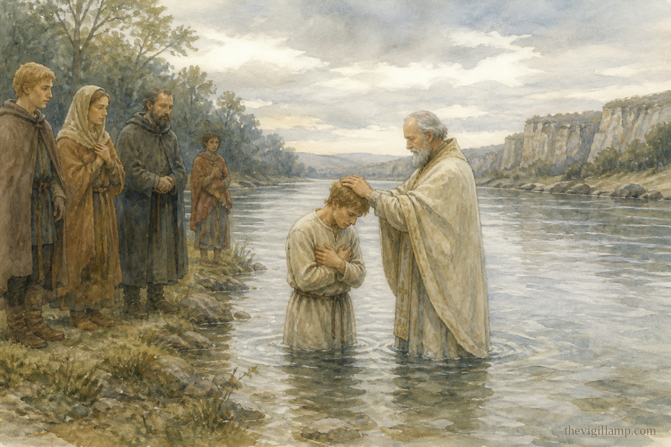 Niketas on the banks of the Danube, baptized by Bishop Theophilus. No extra speech invented