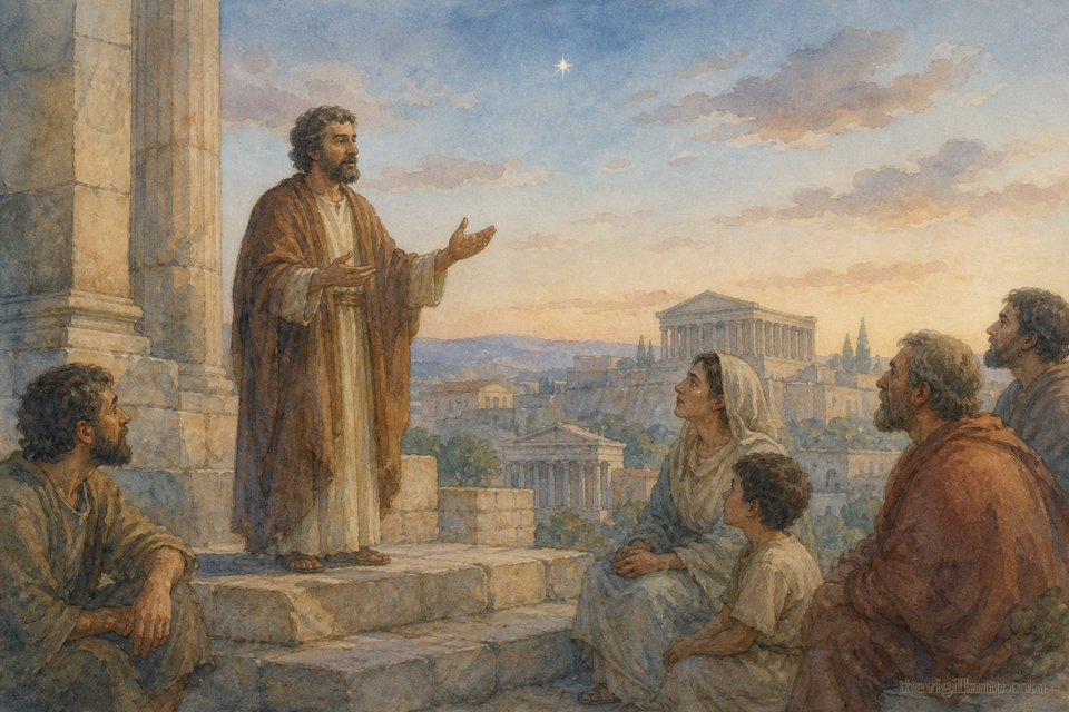 Quadratus preaching the Word at Athens and at Magnesia, a morning star among the clouds. No extra speech invented