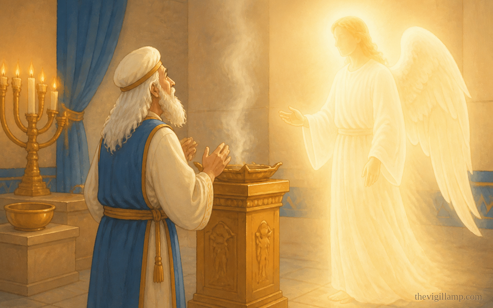 The angel standing at the right side of the altar of incense; Zachariah before him. No extra speech in the scene