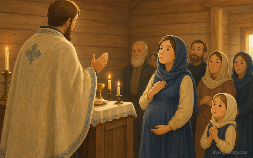 Maria at the Divine Liturgy; the unborn child cries out three times. No extra speech invented