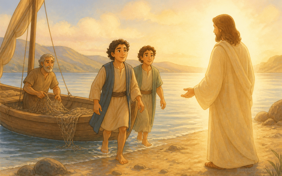The Lord calls John and James at the Sea of Galilee; they leave the boat and their father. No extra speech invented