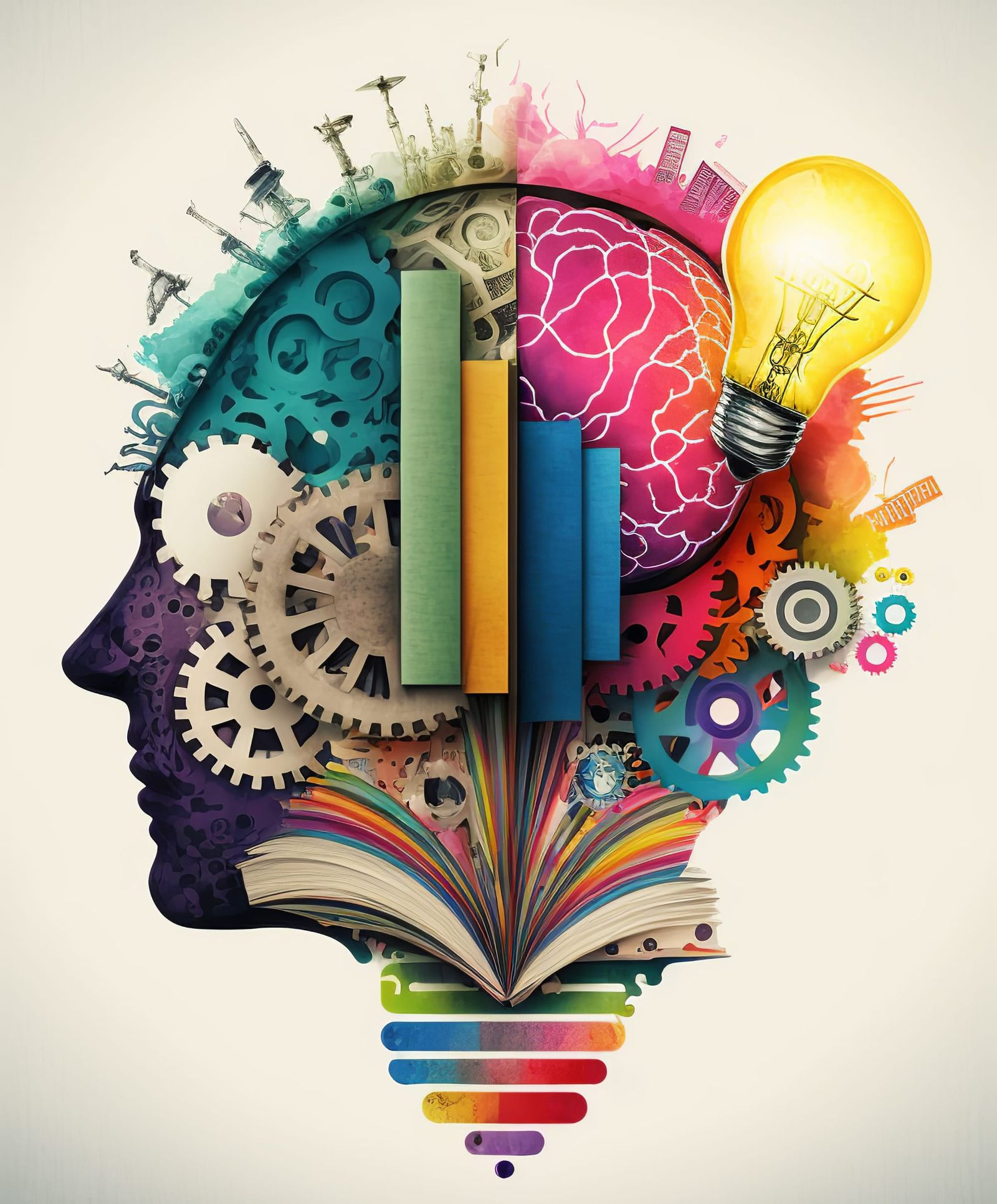 A colorful illustration of a head with gears and scientific tools on the left, representing logic, and a brain and light bulb on the right, symbolizing creativity, connected by an open book with rainbow pages.