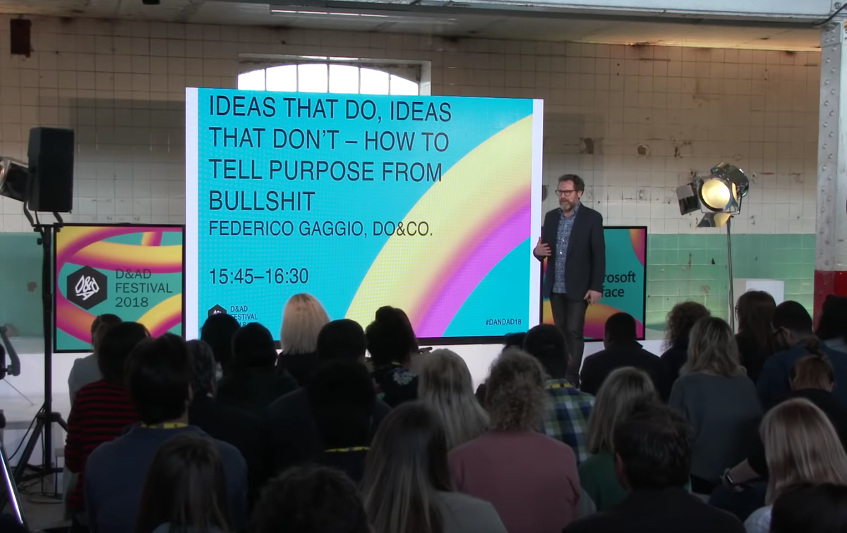 Federico presenting some ideas at the D&AD Festival in London, 2018