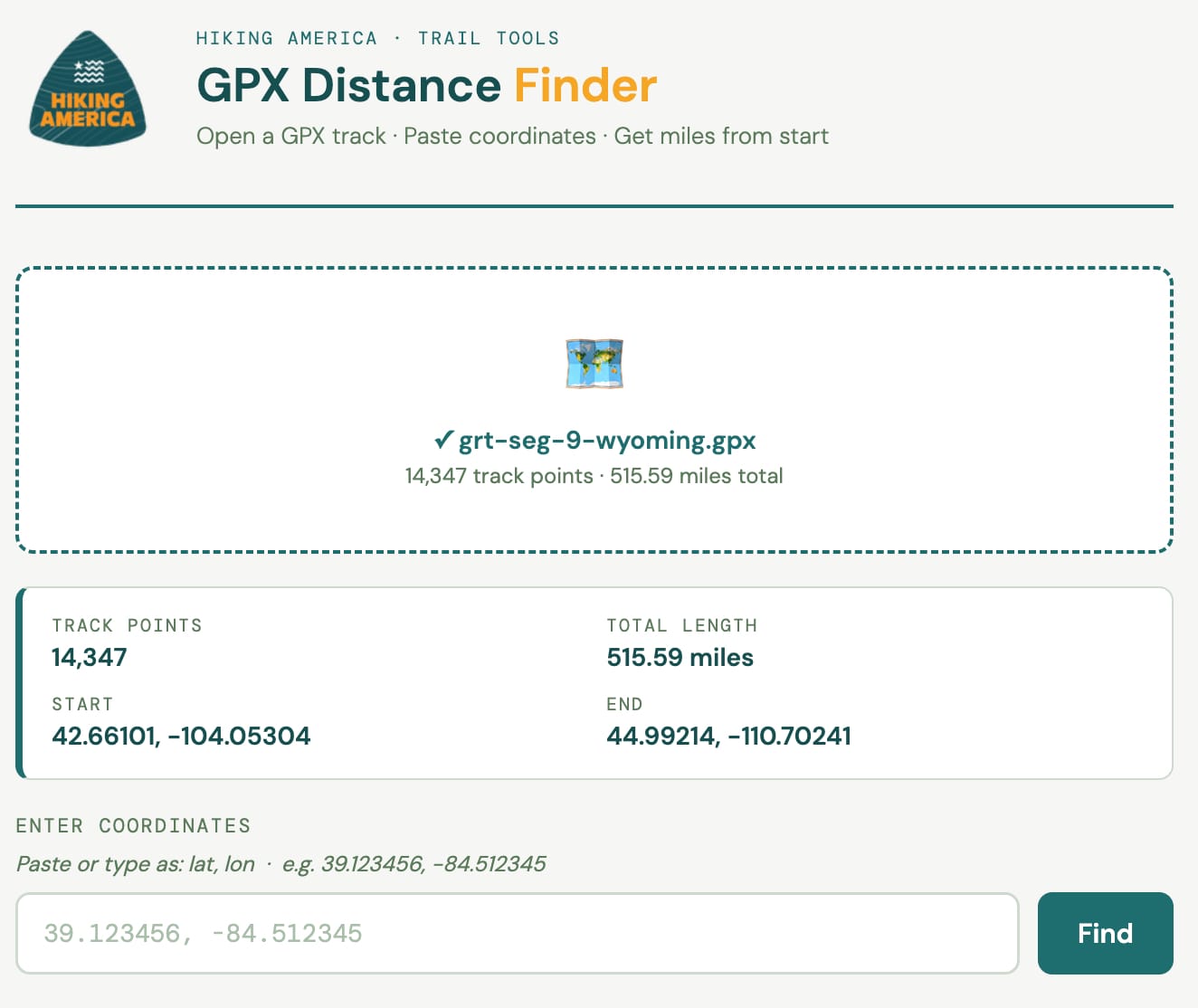 Hiking America's GPX distance finder tool. It calculates the distance a gpx point is along a track.