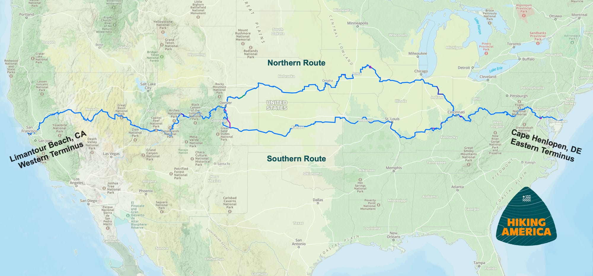 Map of the American Discovery Trail's coast-to-coast route across fifteen states, showing the northern and southern options.
