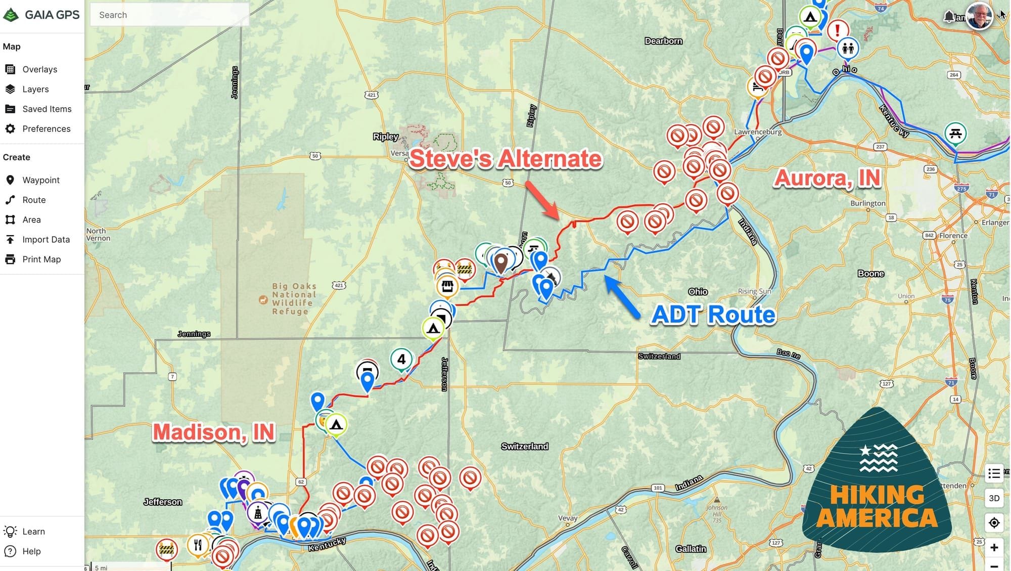 Gaia GPS view of a trail closure on the American Discovery Trail with Hiking America's mapped detour around it.
