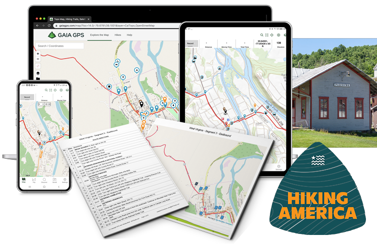 Hiking America's American Discovery Trail navigation on a laptop, tablet, phone, and printed guide, all showing the same data.