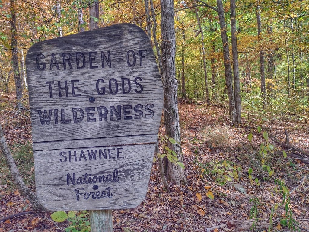 Garden of the Gods trail sign in the Shawnee National Forest, on the American Discovery Trail in southern Illinois