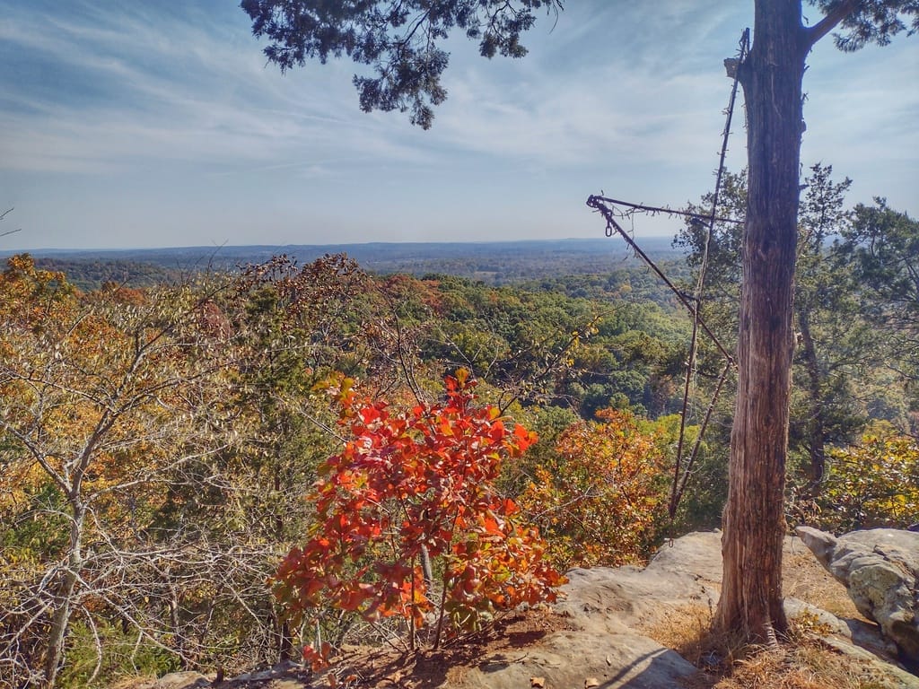 Fall foliage over the sandstone bluffs at Garden of the Gods, Shawnee National Forest, on the American Discovery Trail in southern Illinois