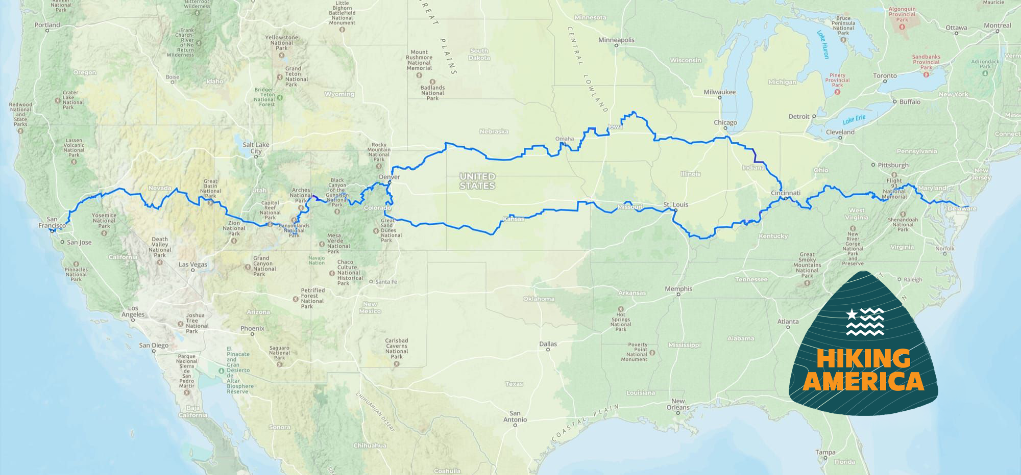 Map of the American Discovery Trail across 15 states, showing the northern and southern routes from California to Delaware