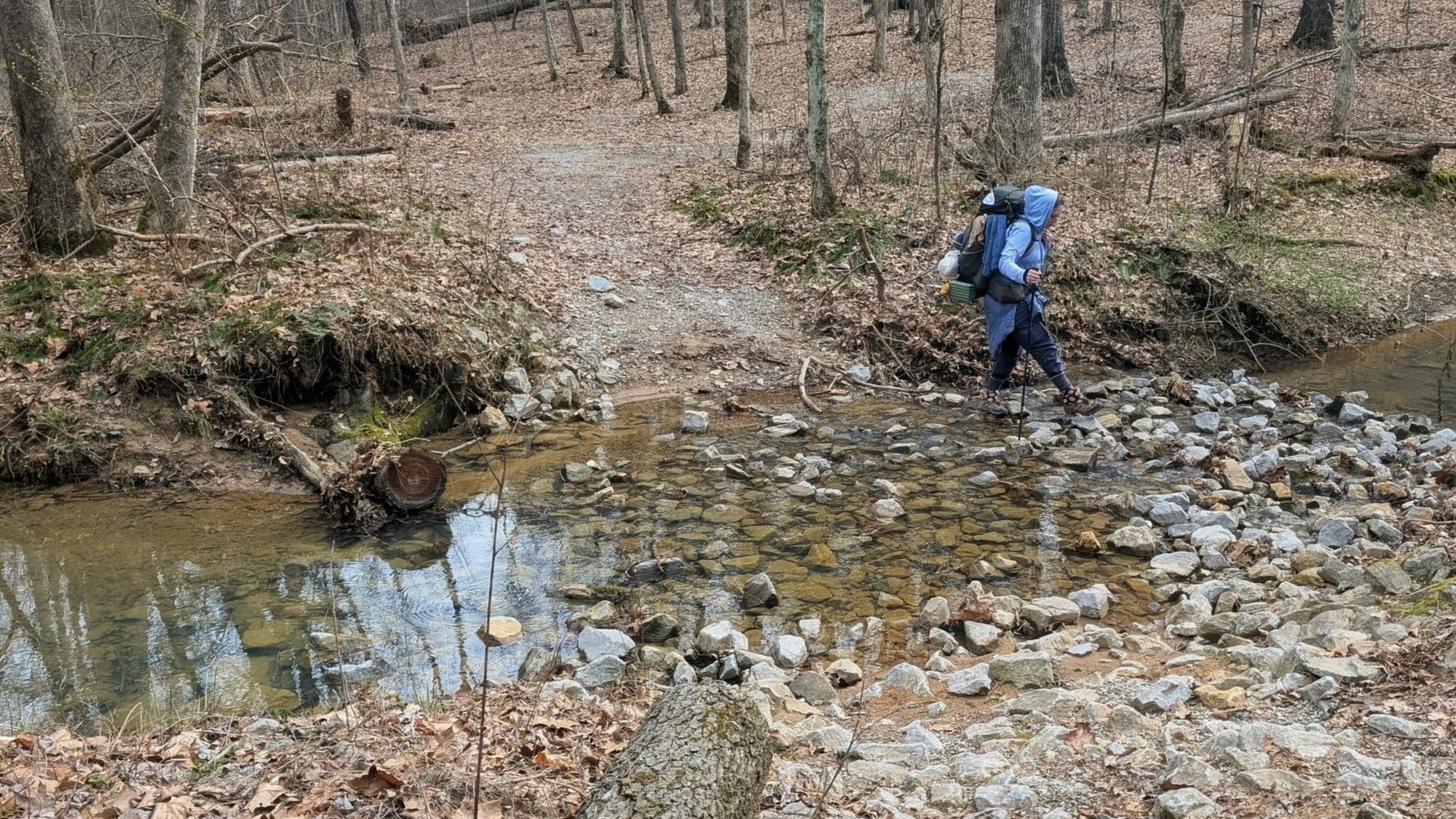 A backpacker steps across rocks in a shallow creek in bare early-spring woods.