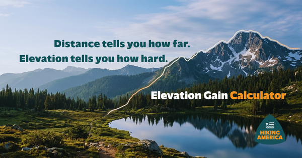 picture of a mountain peak with an elevation trace along the ridgeline and the words Distance Tells you how far. Elevation tells you how hard.  Hiking America's Elevation Gain Calculator