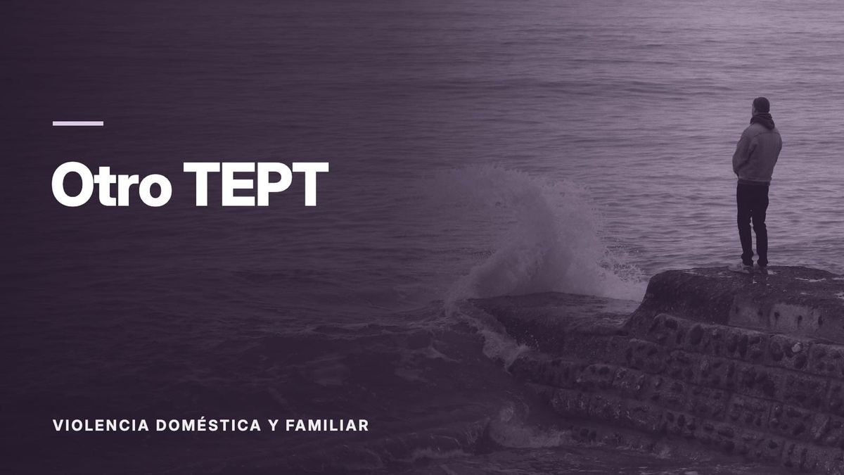 Una ola rompiendo sobre una roca en un mar gris verdoso. Texto: «Otro TEPT», Violencia doméstica y familiar.